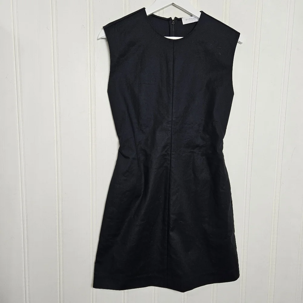 Everlane Black Fit Flare Dress Sleeveless Crew Neck Pockets Size 0 - Picture 2 of 12